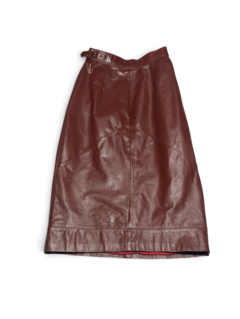 Vintage Bertini Burgundy Genuine Leather Midi Skirt with Buckle Detail Size 8